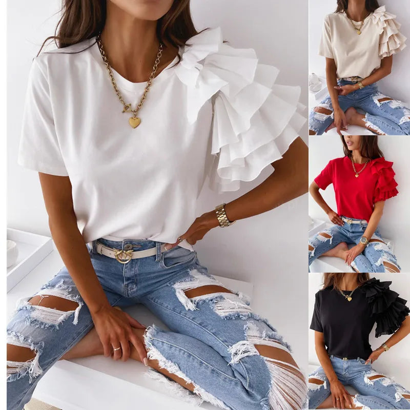 Women Summer Ruffles Short Sleeve Loose T Shirt Chic Elegant Solid O Neck Tops Casual Simple All Match Tee Streetwear Blouse