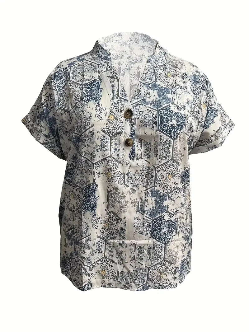 Plus Size Casual Top, Women's Plus Stripe Print Short Sleeve Roll Up Hem Slight Stretch Henley Blouse