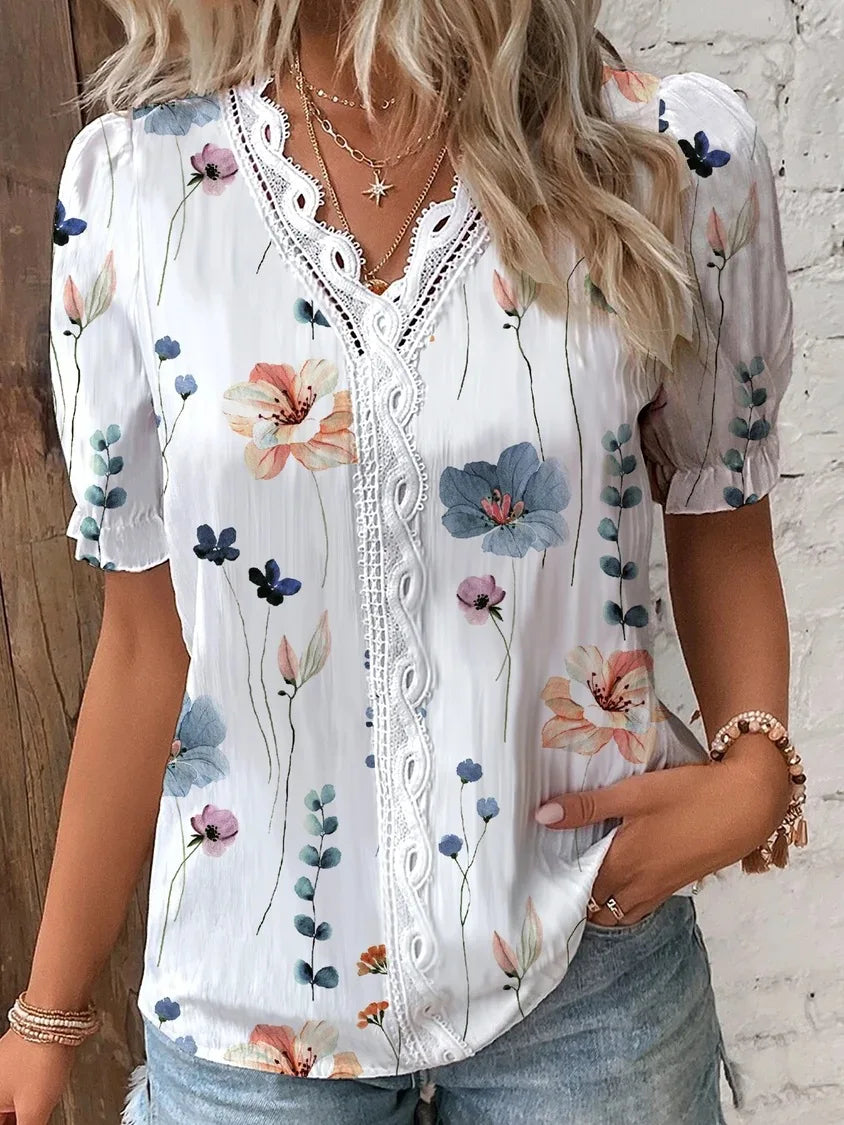 2024 Fashion Casual Vacation Shirt Women Summer V Neck Hollow Out Solid Color Blouse Female Elegant Striped Jacquard Casual Tops
