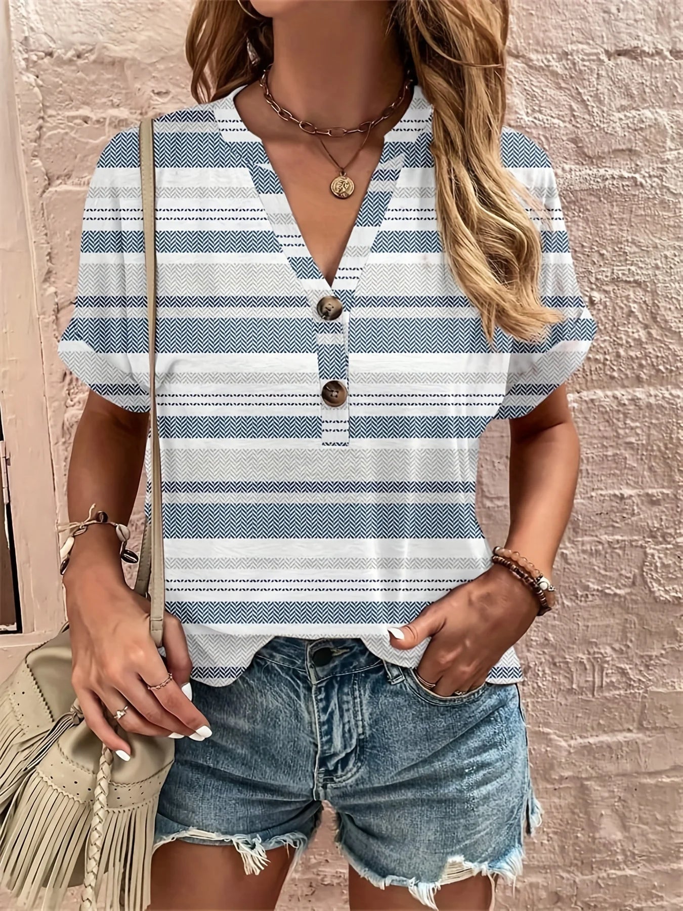 Plus Size Casual Top, Women's Plus Stripe Print Short Sleeve Roll Up Hem Slight Stretch Henley Blouse