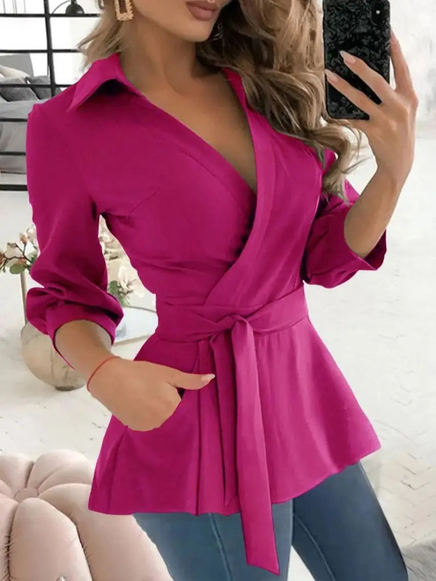 Spring Autumn Printed Work Shirt Tops Women Casual V Neck Long Sleeve Party Club Business Blouse Top with Belt