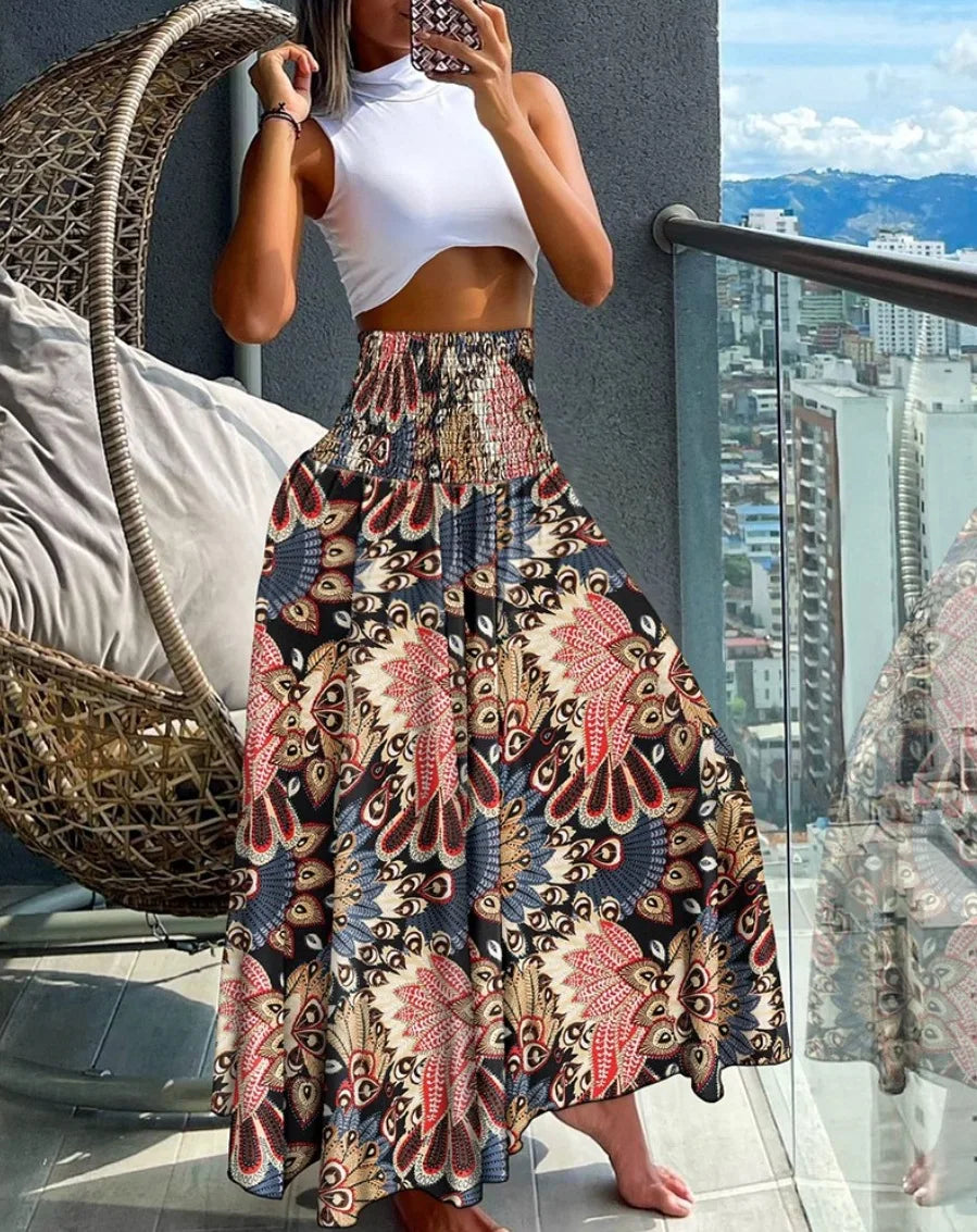 Fashion Cotton Women Floral Print Skirt Side Tie Beach Skirts Summer High Waist Wrap Flower Long Skirt